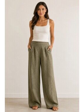 Ella Moss Olive Linen Blend Wide Leg Pull On Pants S Casual Elastic Waist